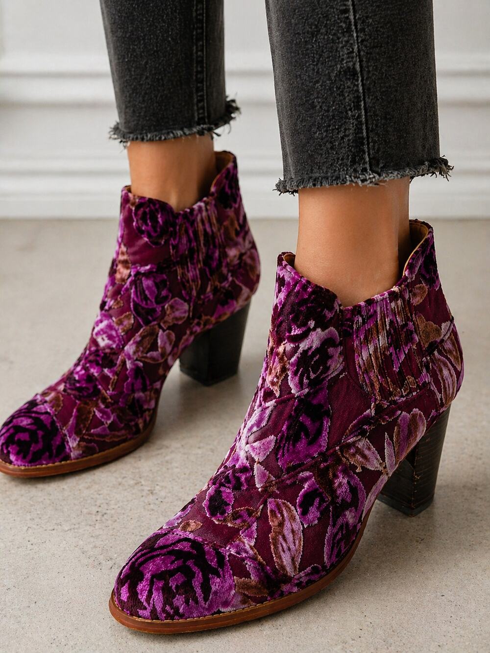 Anthropologie‎ Billy Ella Velvet Floral Ankle Boots 9.5 Purple Burnout Patchwork